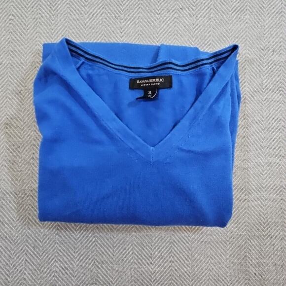 Banana Republic Men's Sweater XL Blue V Neck Knit Silk Cashmere Pullover Luxury - Picture 16 of 16